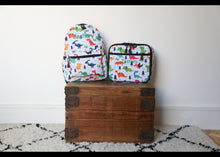 Load image into Gallery viewer, Personalised Dinosaur Patterned Children's Backpack + Lunch Box Bag Set