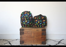 Load image into Gallery viewer, Personalised Dinosaur Patterned Children's Backpack + Lunch Box Bag Set