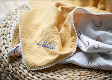 Load image into Gallery viewer, Personalised Baby Pom Pom Patterned Muslin Blanket