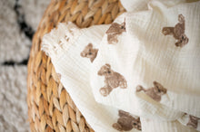 Load image into Gallery viewer, Personalised Teddy Bear Muslin Swaddle Fringe Blanket