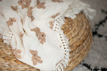 Load image into Gallery viewer, Personalised Teddy Bear Muslin Swaddle Fringe Blanket