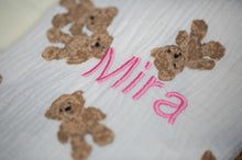 Load image into Gallery viewer, Personalised Teddy Bear Muslin Swaddle Fringe Blanket