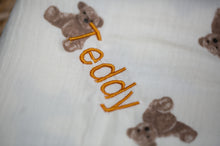 Load image into Gallery viewer, Personalised Teddy Bear Muslin Swaddle Fringe Blanket