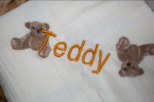 Load image into Gallery viewer, Personalised Teddy Bear Muslin Swaddle Fringe Blanket