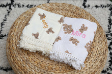 Load image into Gallery viewer, Personalised Teddy Bear Muslin Swaddle Fringe Blanket