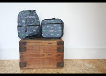 Load image into Gallery viewer, Personalised Dinosaur Patterned Children's Backpack + Lunch Box Bag Set