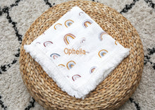 Load image into Gallery viewer, Personalised Rainbow Muslin Swaddle Fringe Blanket