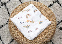 Load image into Gallery viewer, Personalised Rainbow Muslin Swaddle Fringe Blanket