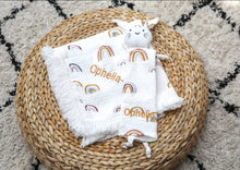 Load image into Gallery viewer, Personalised Rainbow Muslin Swaddle Fringe Blanket