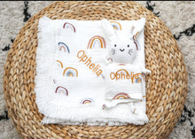 Load image into Gallery viewer, Personalised Rainbow Muslin Swaddle Fringe Blanket