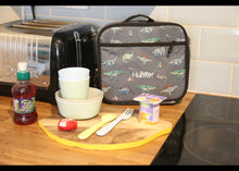 Load image into Gallery viewer, Personalised Dinosaur Patterned Children's Backpack + Lunch Box Bag Set