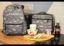 Load image into Gallery viewer, Personalised Dinosaur Patterned Children's Backpack + Lunch Box Bag Set