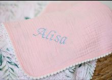 Load image into Gallery viewer, Personalised Baby Pom Pom Patterned Muslin Blanket

