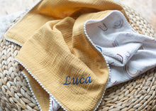 Load image into Gallery viewer, Personalised Baby Pom Pom Patterned Muslin Blanket
