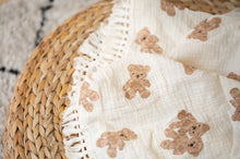Load image into Gallery viewer, Personalised Teddy Bear Muslin Swaddle Fringe Blanket
