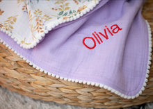 Load image into Gallery viewer, Personalised Baby Pom Pom Patterned Muslin Blanket
