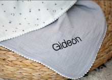 Load image into Gallery viewer, Personalised Baby Pom Pom Patterned Muslin Blanket
