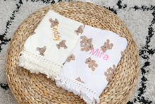 Load image into Gallery viewer, Personalised Teddy Bear Muslin Swaddle Fringe Blanket
