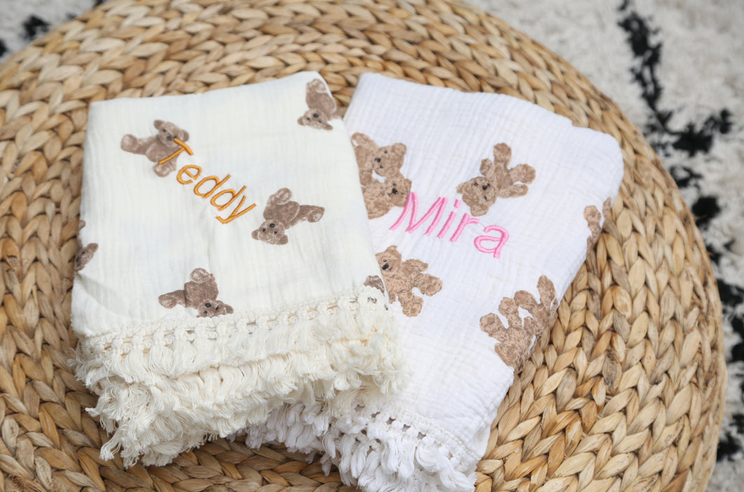 Personalised Teddy Bear Muslin Swaddle Fringe Blanket